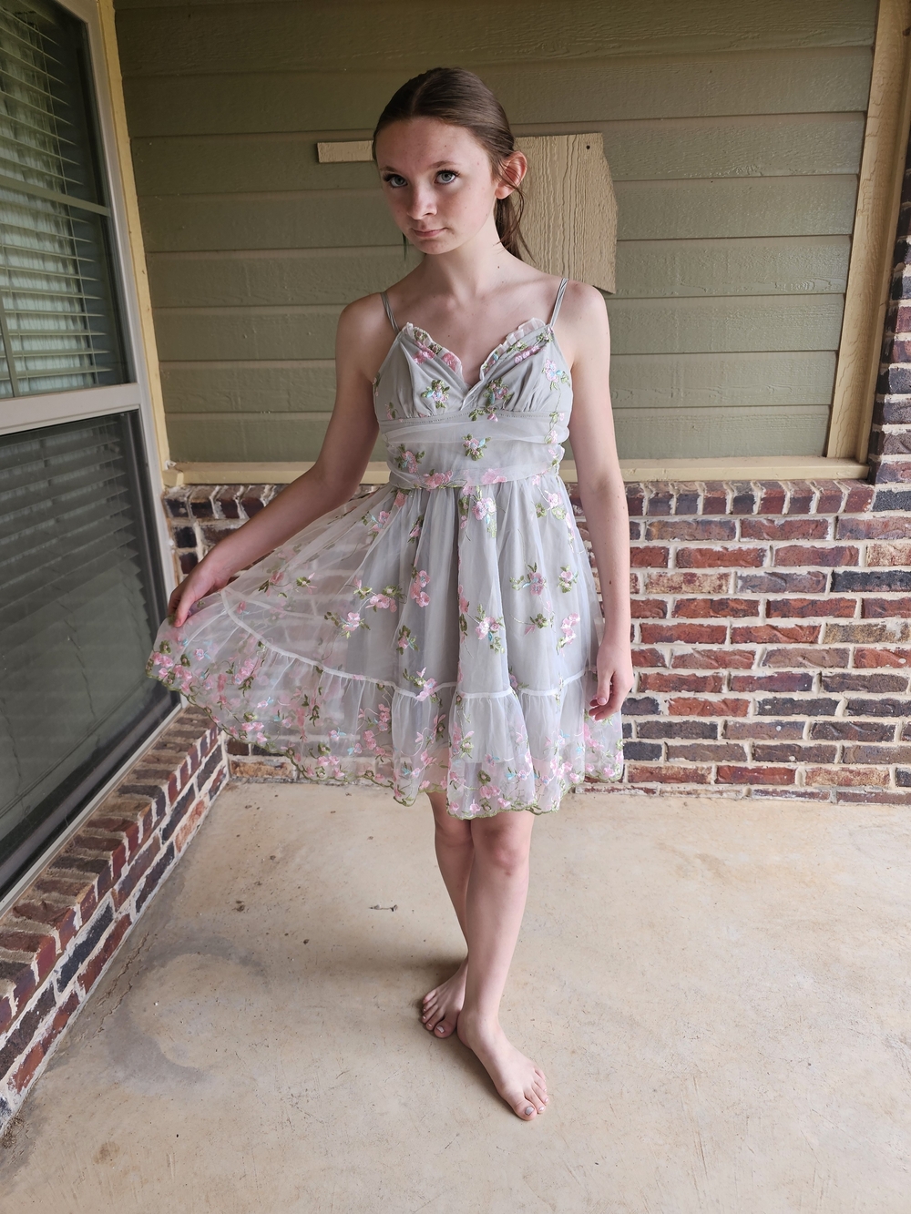 SHEIN Light Sage Floral Embroidered Spaghetti-Strap Mini Dress